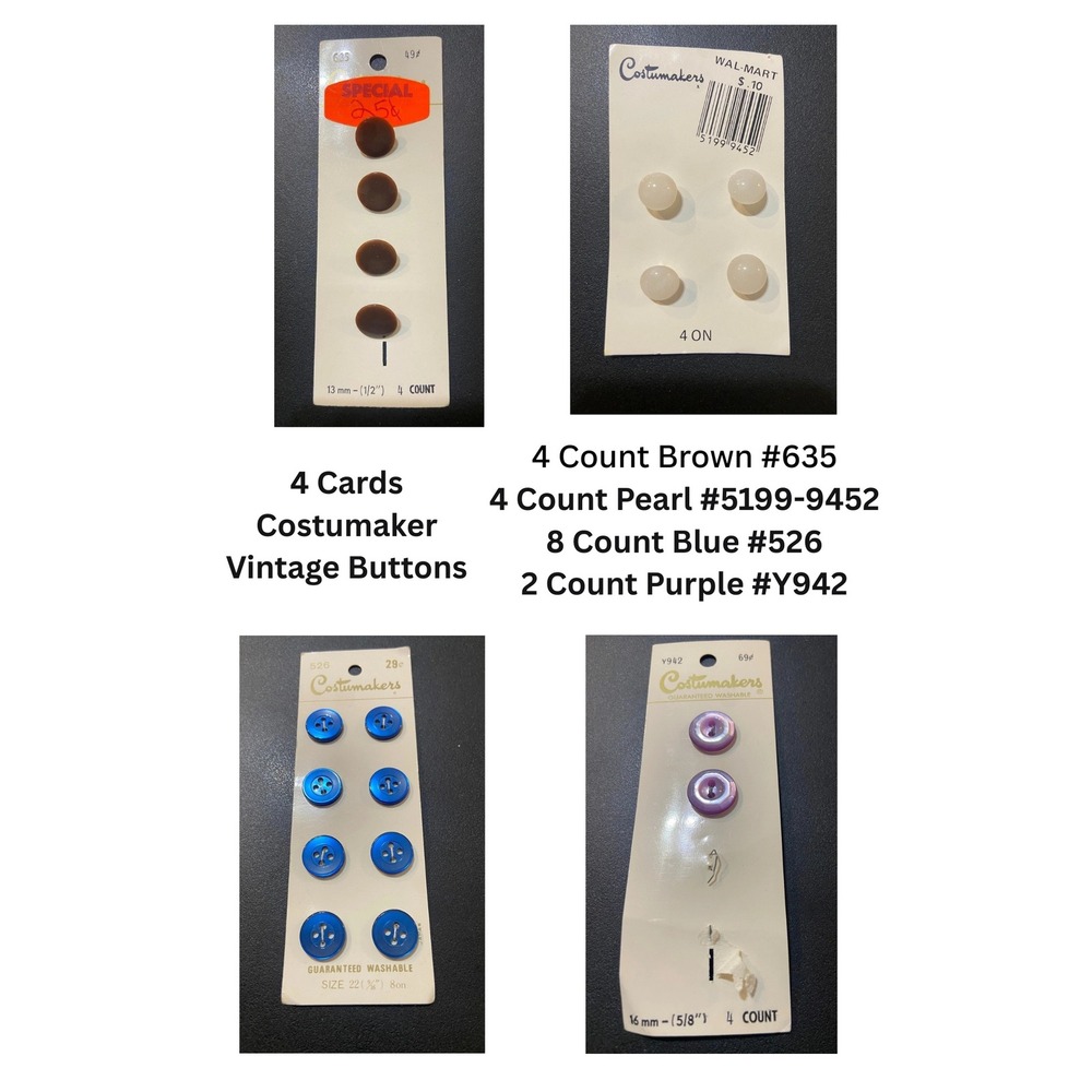 Vintage Costumakers Buttons Lot of 4 Cards Brown Pearl Blue Purple 18 Count
